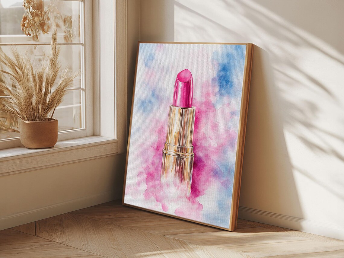 Pink Lipstick Watercolor Art Print Makeup Beauty Glam Wall Decor Poster - Image 3