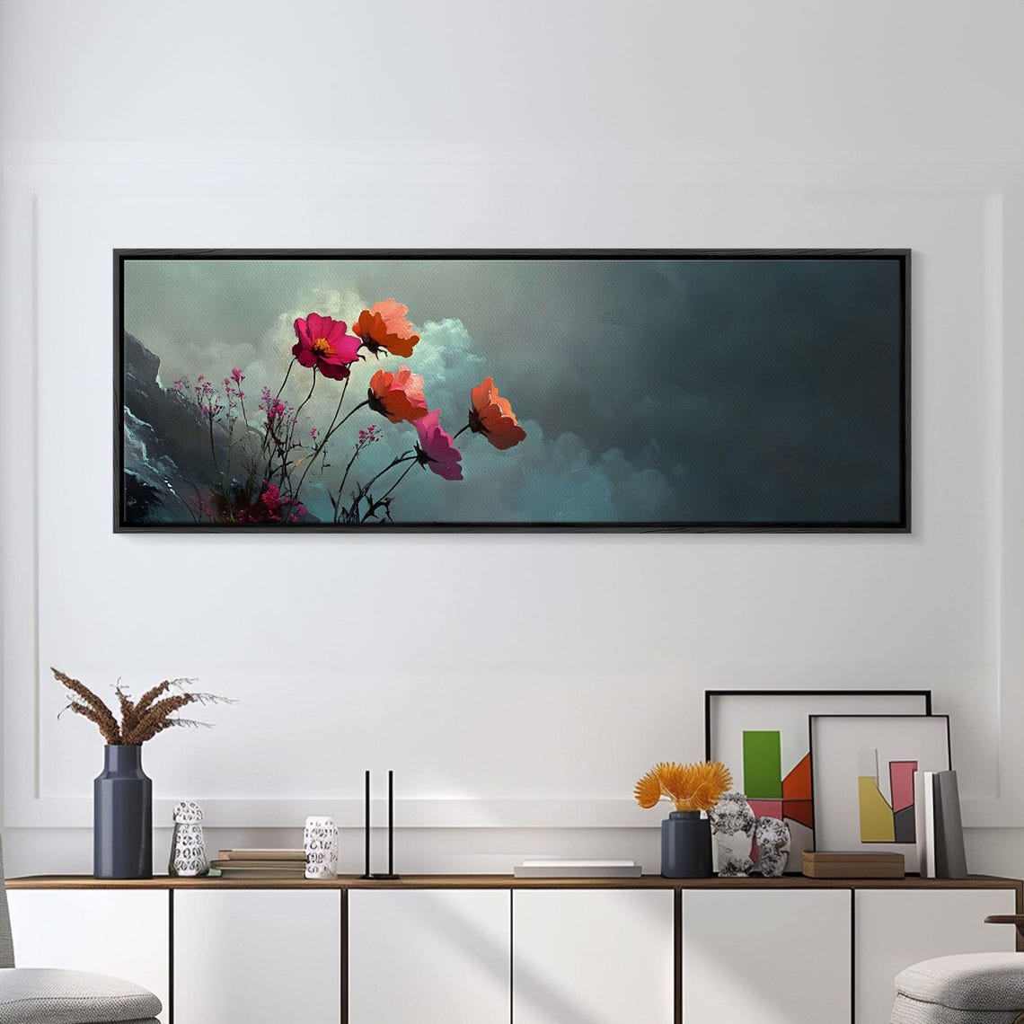 Moody Wildflower Meadow Under Dark Stormy Sky Clouds Panoramic Poster - Image 5