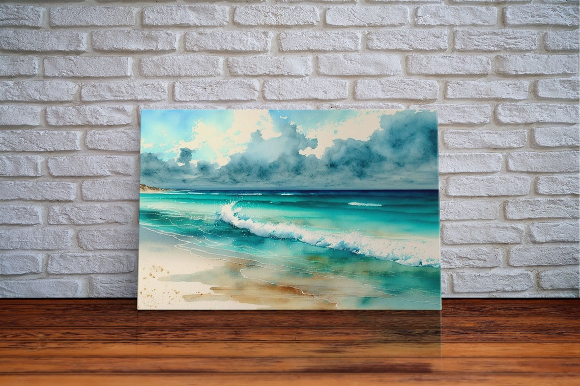 Ocean Wave Watercolor Dramatic Storm Clouds Foamy Breakers Art Poster