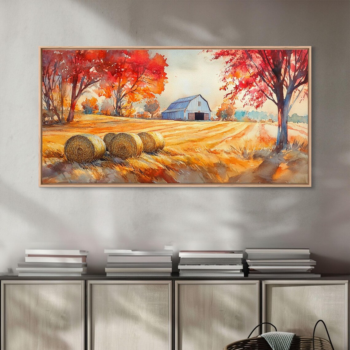 Autumn Farmhouse Barn With Hay Bales Red Maple Trees Art Print