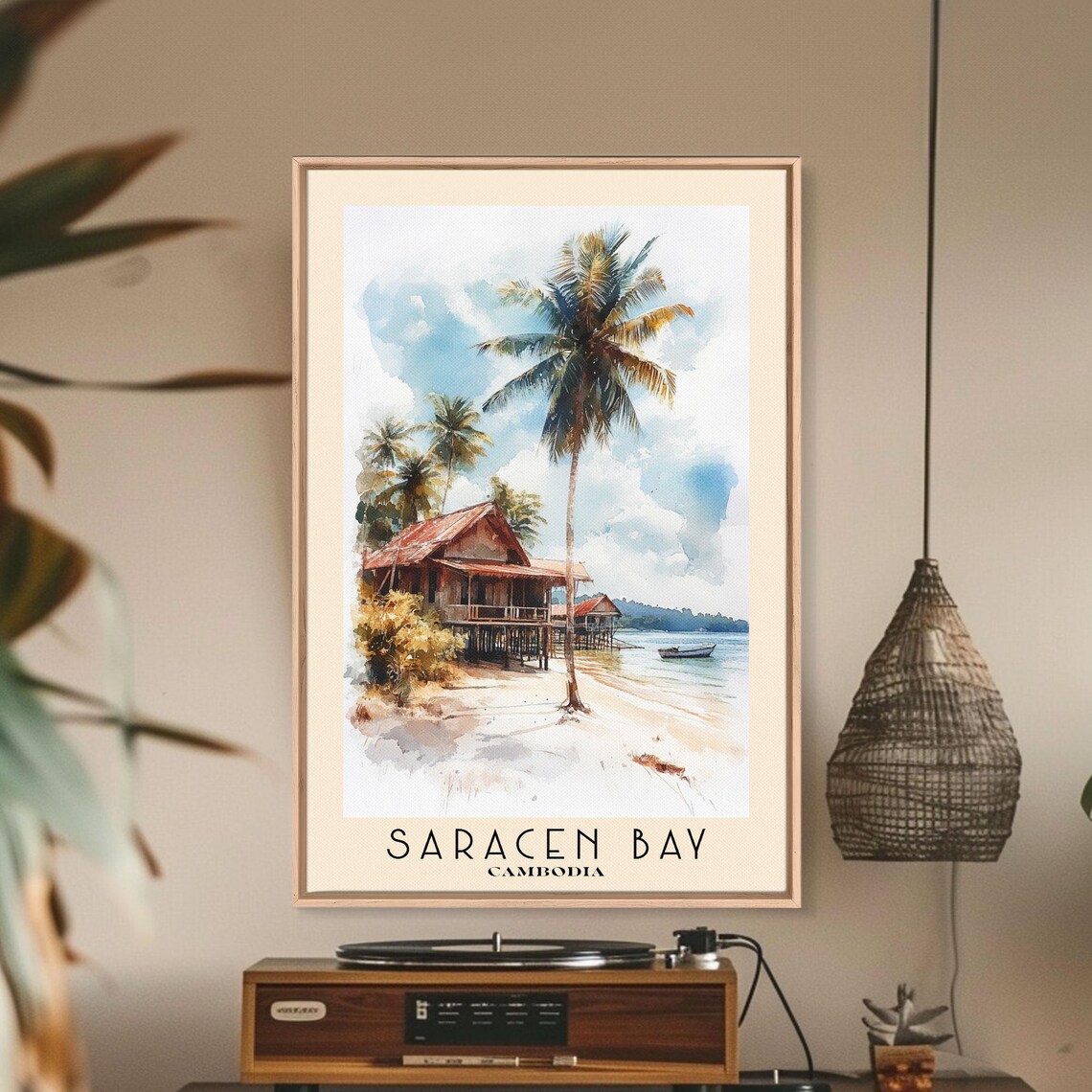 Saracen Bay Cambodia Stilt Beach Huts Coconut Palm Boat Watercolor Poster - Image 3