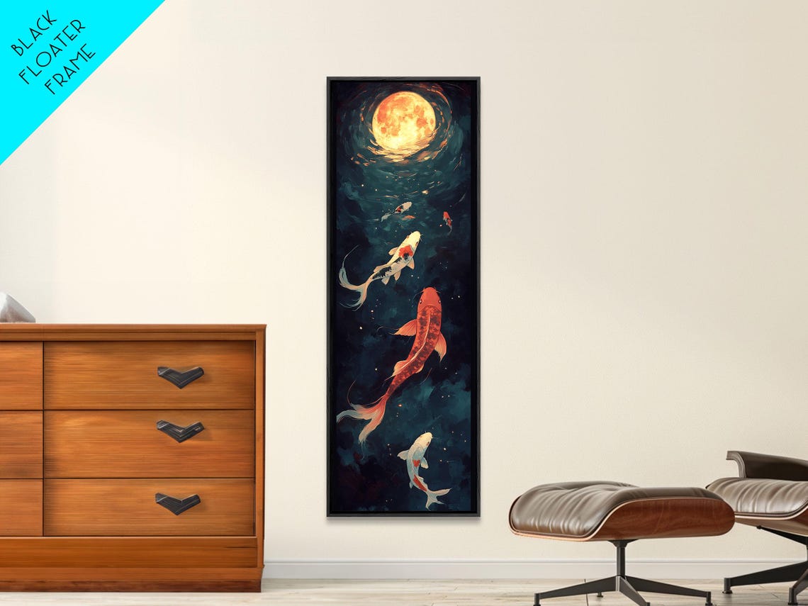 Koi Fish Swimming Under Full Moon Night Pond Japanese Wall Art - Image 6