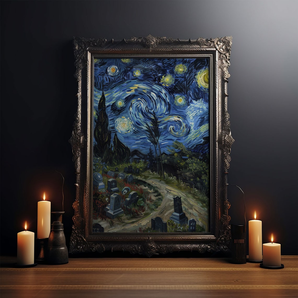 Starry Night Haunted Cemetery Graveyard Spooky Halloween Art Poster