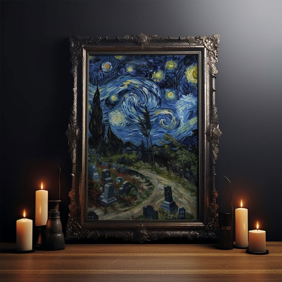 Starry Night Inspired Haunted Cemetary Haunted Grave Yard Spooky Season Wall Art Halloween Decor