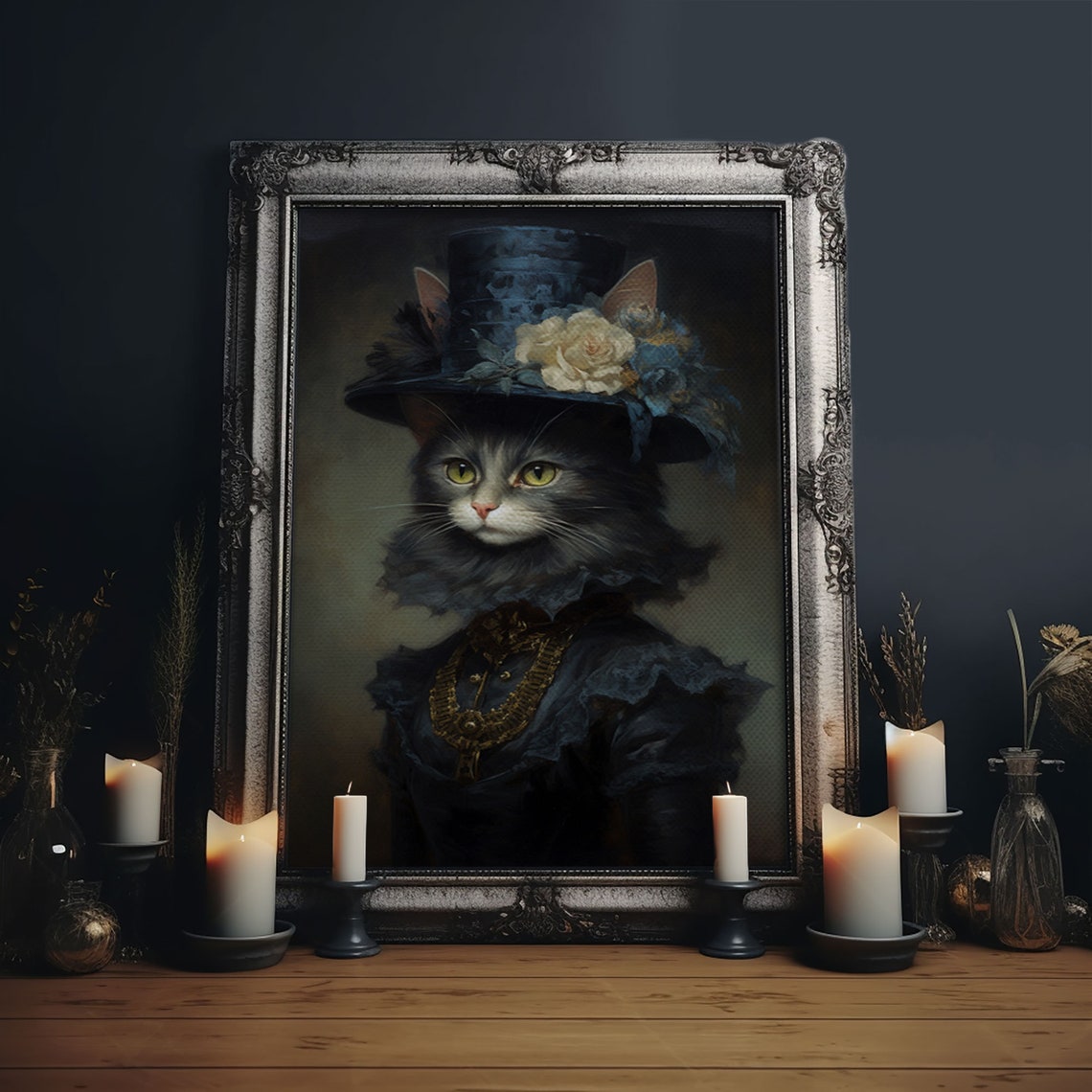 Victorian Cat Portrait In Blue Top Hat With Roses Gothic Wall Art - Image 6