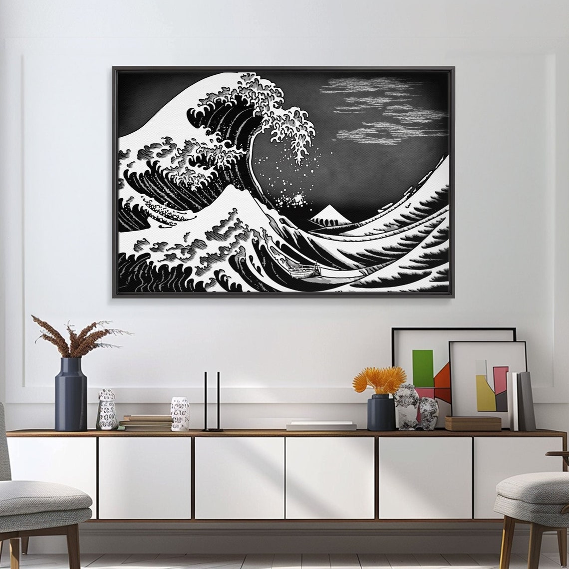 Great Wave Off Kanagawa Mount Fuji Black White Woodblock Style Poster - Image 5