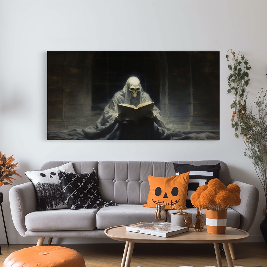 Grim Reaper Reading Book In Moonlit Library Gothic Panoramic Print - Image 5