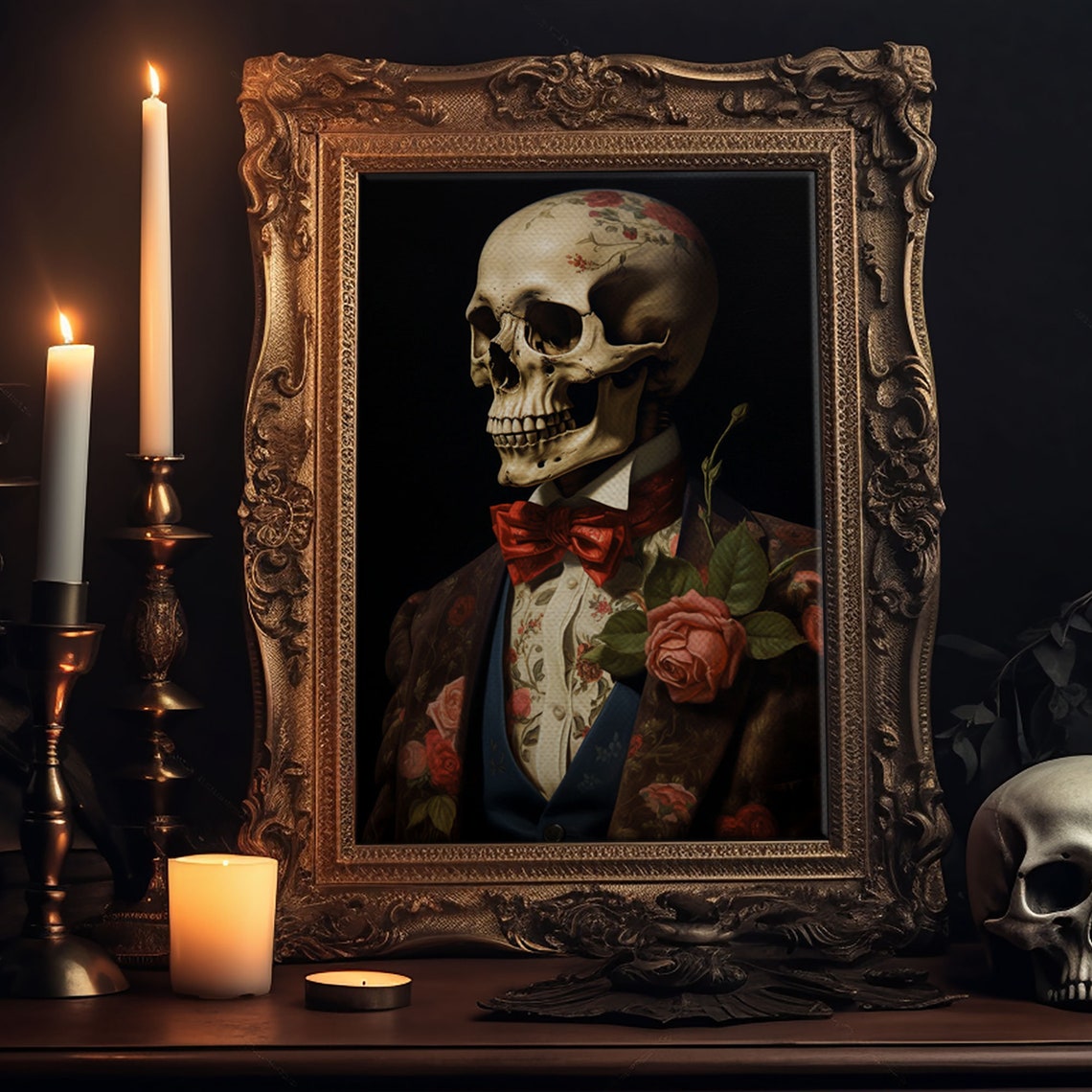 Floral Skeleton Portrait Red Bow Tie Rose Gothic Halloween Art Print