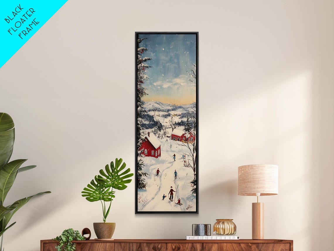 Snowy Village Night Red Barn Skaters Starry Sky Christmas Poster - Image 6
