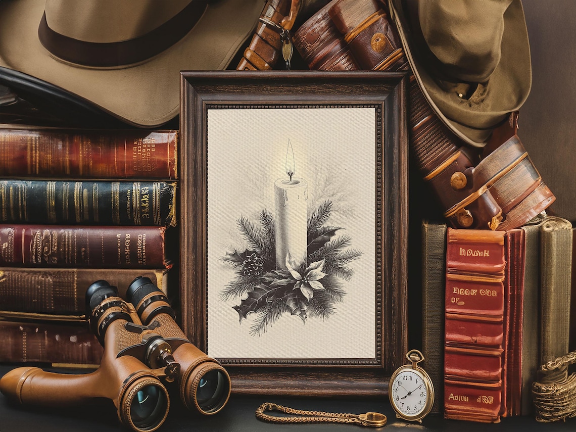 Lit Christmas Candle With Holly and Pine Vintage Sketch Holiday Poster