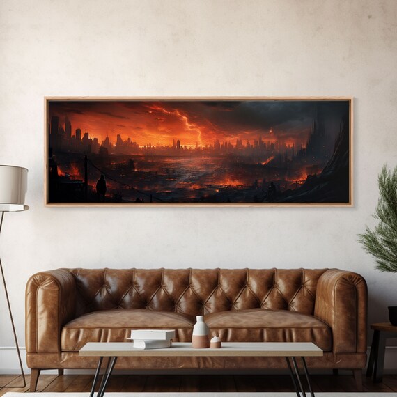 The Burning City Fire Storm Night Skyline Glowing Apocalyptic Print