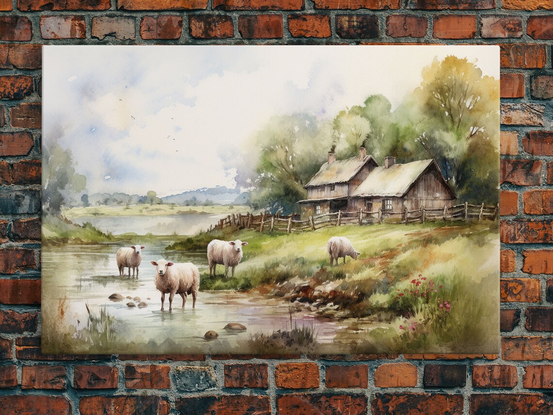 Sheep Grazing By The River, Vintage Landscape - Image 6