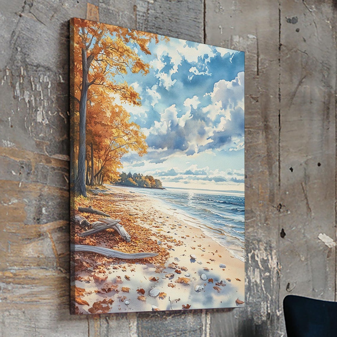 Autumn Beach With Fallen Leaves Driftwood Shore Scene Poster - Image 3