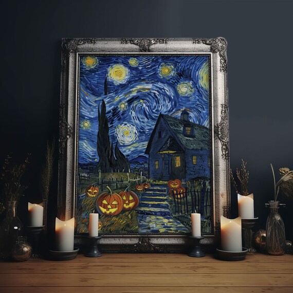 Starry Night Jack O Lanterns Spooky Cottage Halloween Art Poster