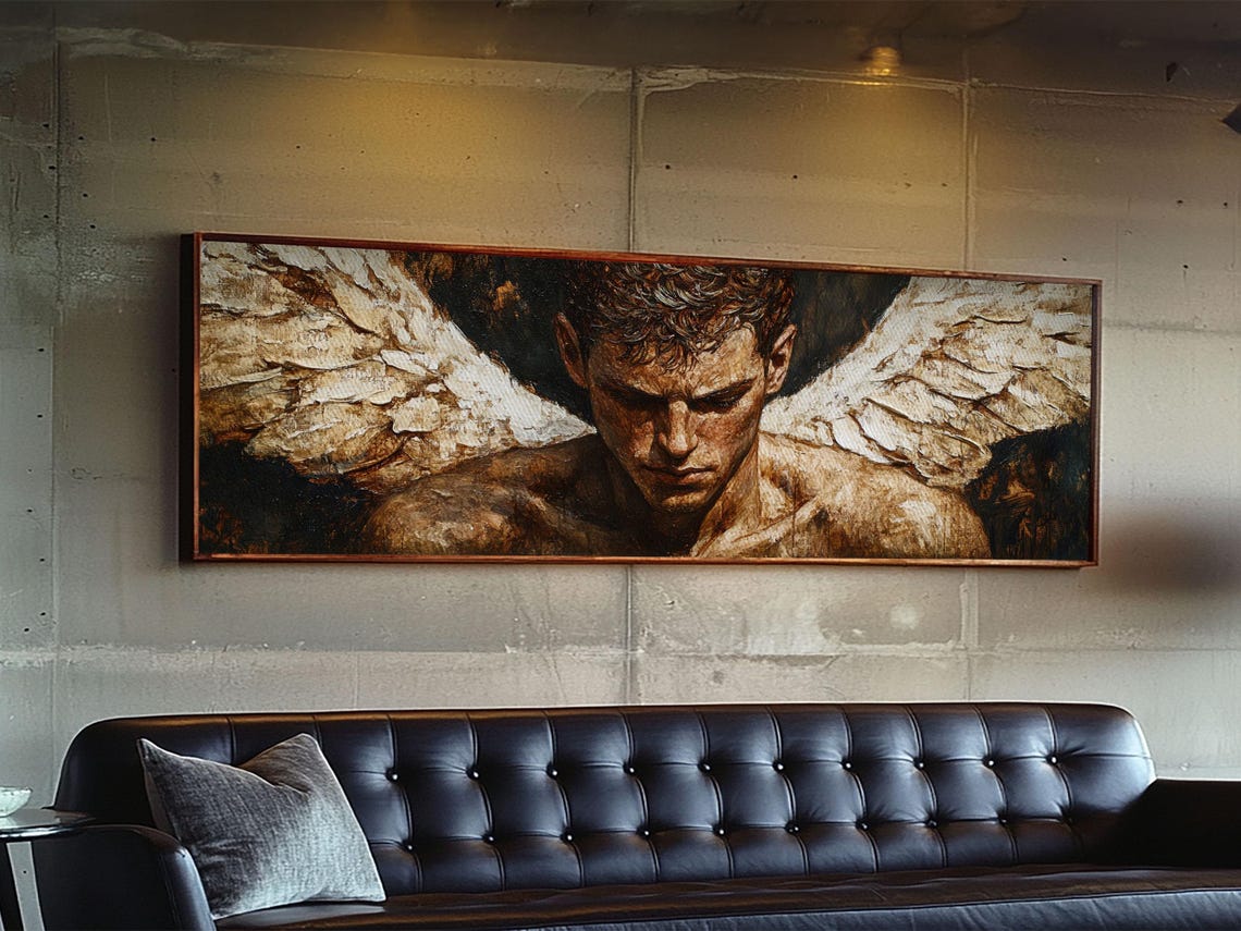 Brooding Angel Wings Panoramic Classical Dark Romantic Oil Art Poster - Image 2