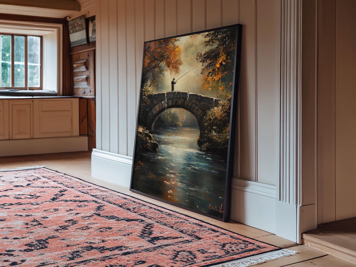 Fisherman Stone Bridge River Dusk Autumn Oil Painting Art Poster - Image 4