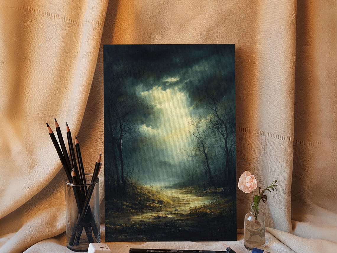 Dark Forest Dusk Misty Path Moonlit Moody Landscape Painting Poster - Image 2