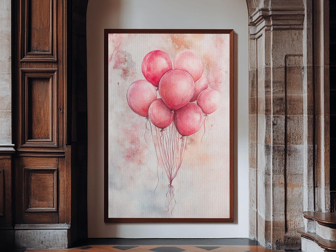 Pink Balloons Watercolor Whimsical Party Nursery Room Art Print