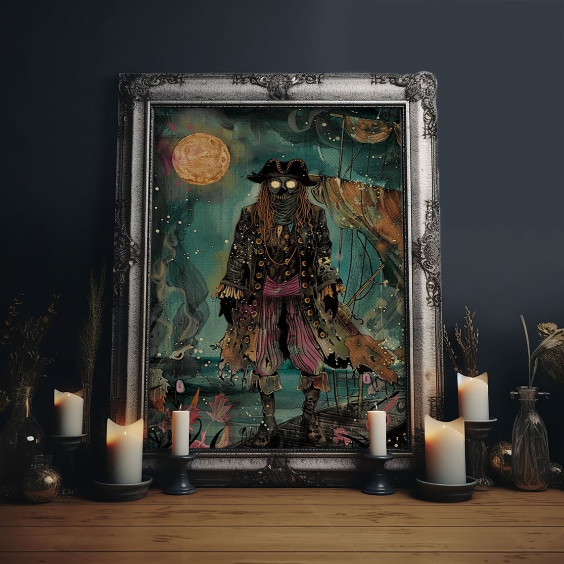 Ghost Pirate Glowing Eyes Full Moon Ship Halloween Art Poster