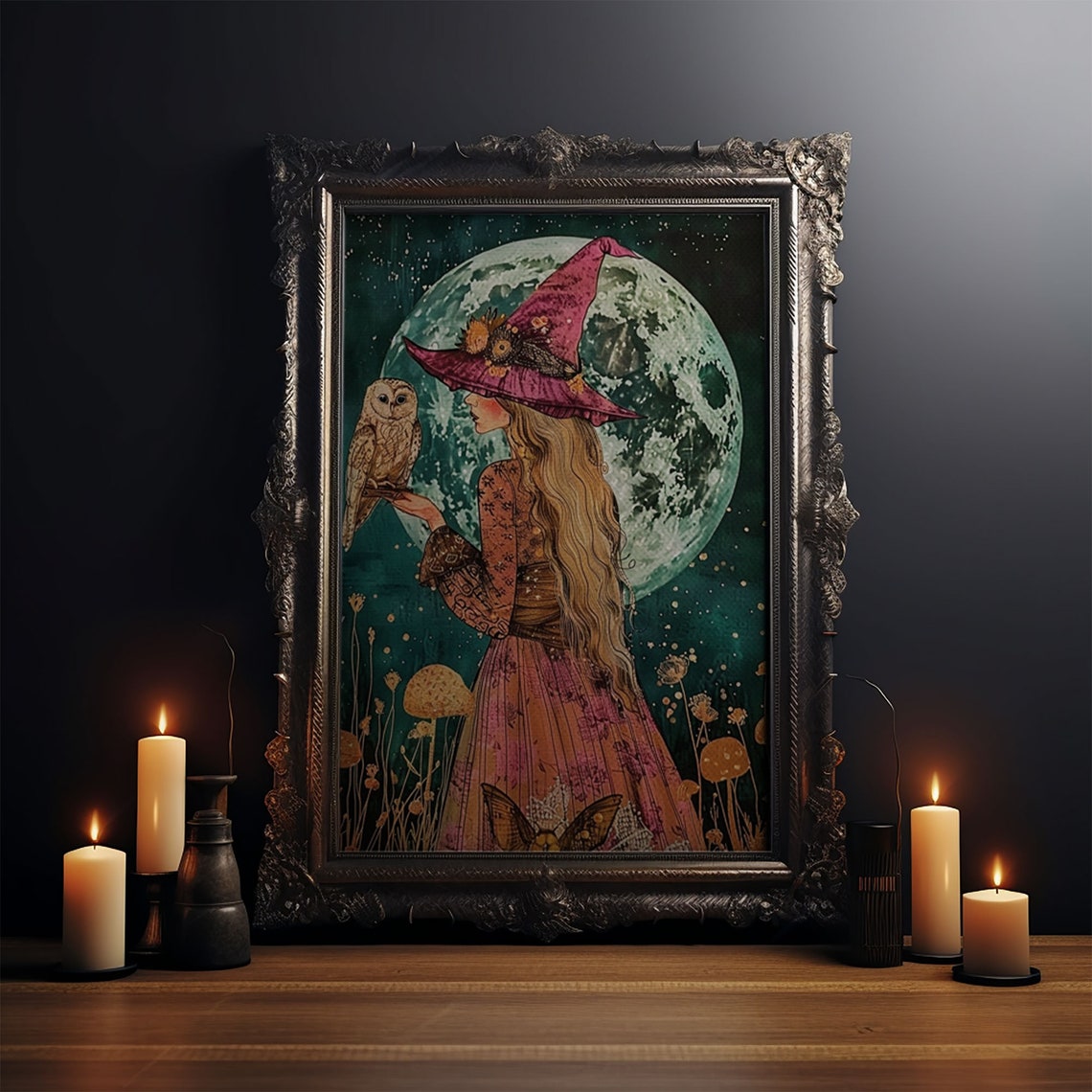 Witch Purple Hat Owl Giant Full Moon Watercolor Night Art Poster - Image 4