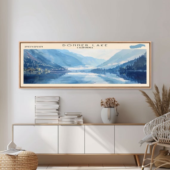 Donner Lake California Framed Print Lake House Decor Panoramic Wall Art Travel Poster Modern Lake Painting Nature Art