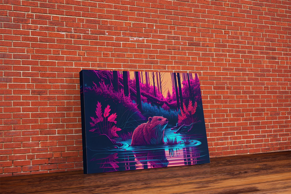 Vaporwave Beaver River Night Neon Pink Forest Reflection Poster