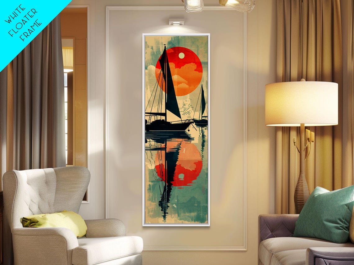 Japanese Sailboat Sunset Reflection Red Sun Calm Waters Poster