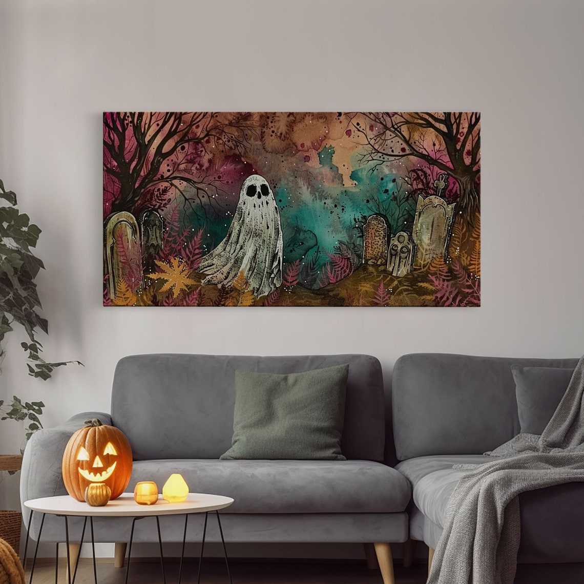 Cute Ghost In Colorful Cemetery Spooky Season Halloween Art Print - Image 3