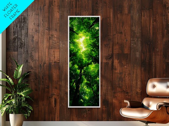Lush Green Forest Canopy View As Tall Skinny Art Framed Print For Relaxing Wall Decor In Homes Or Offices