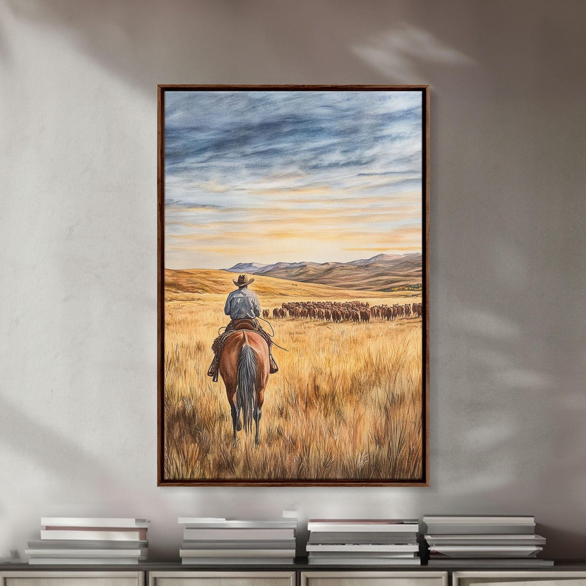 Lone Cowboy Leading Cattle Across Golden Prairie Dusk Poster - Image 3