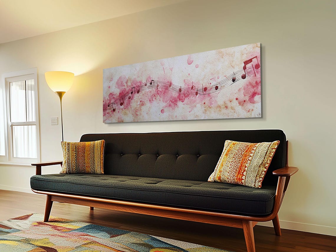 Pink Musical Notes Watercolor Staff Melody Panoramic Canvas Art Poster - Image 6