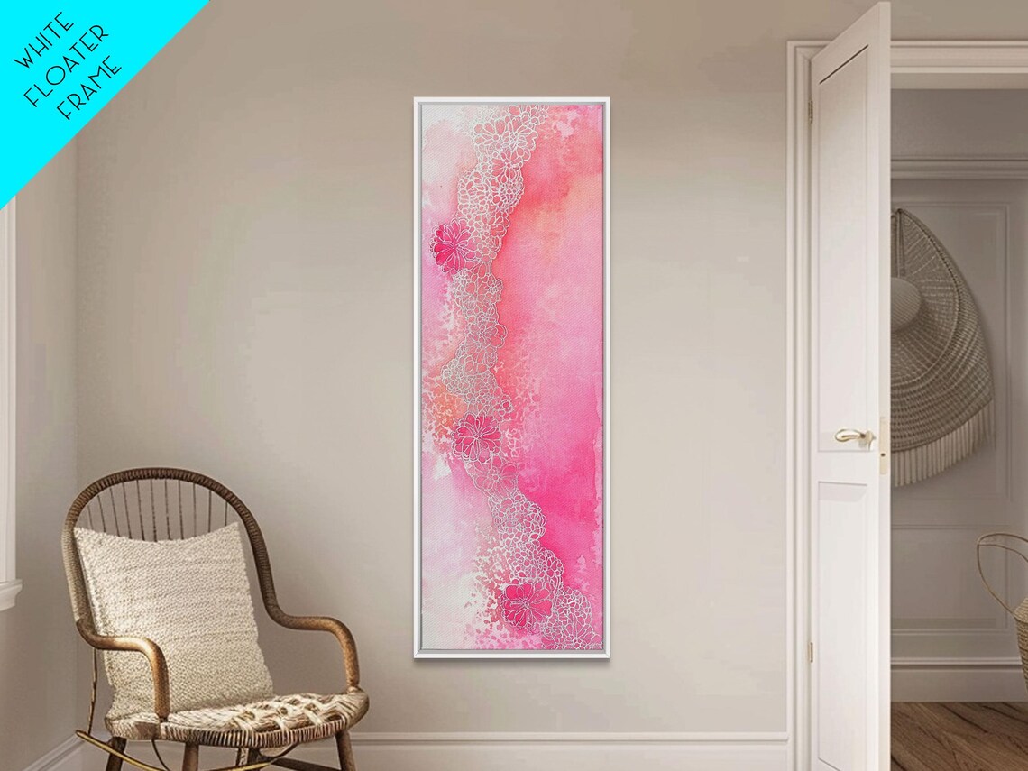 Pink Abstract Watercolor White Lace Floral Detail Vertical Wall Art - Image 2