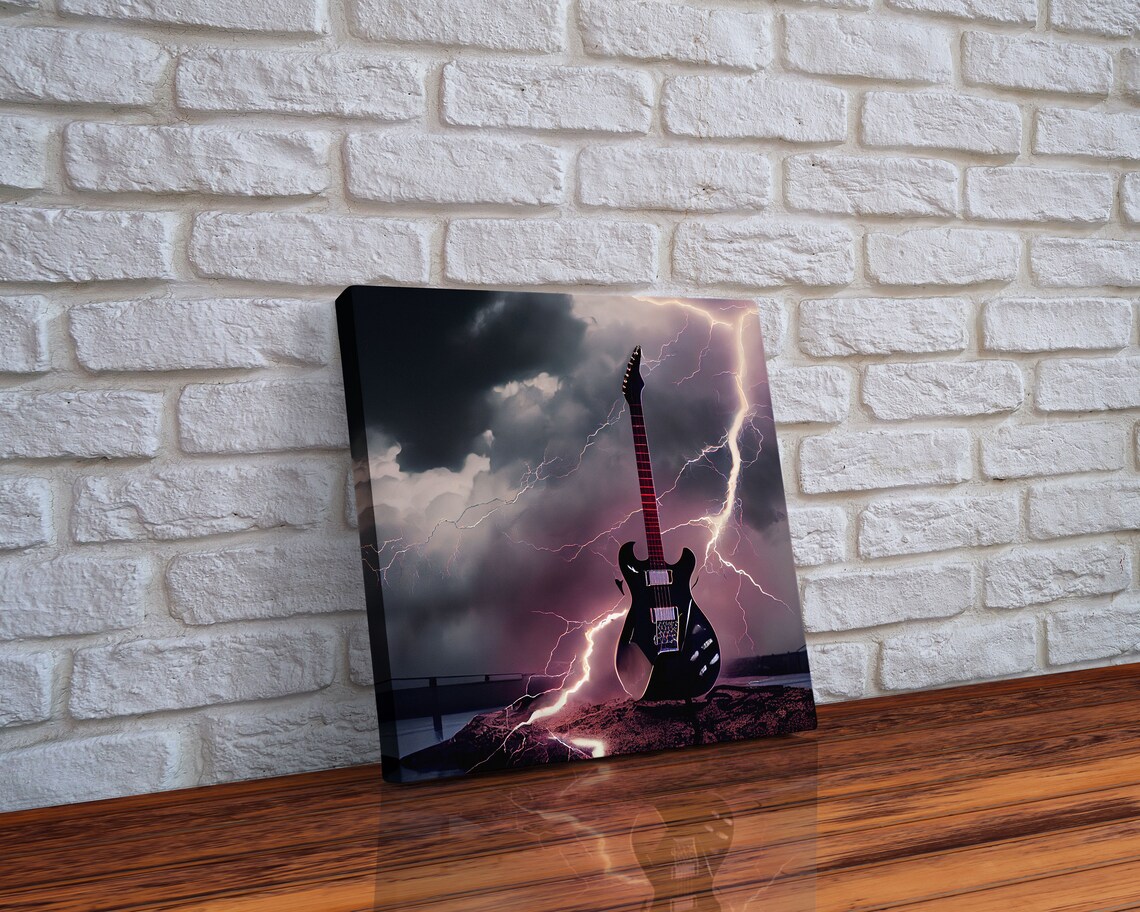 Rock N Roll Lightning Striking Black Guitar Art Print - Image 5