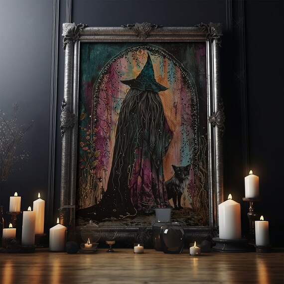 Cottage Core Witch Black Cat Watercolor Halloween Art Poster