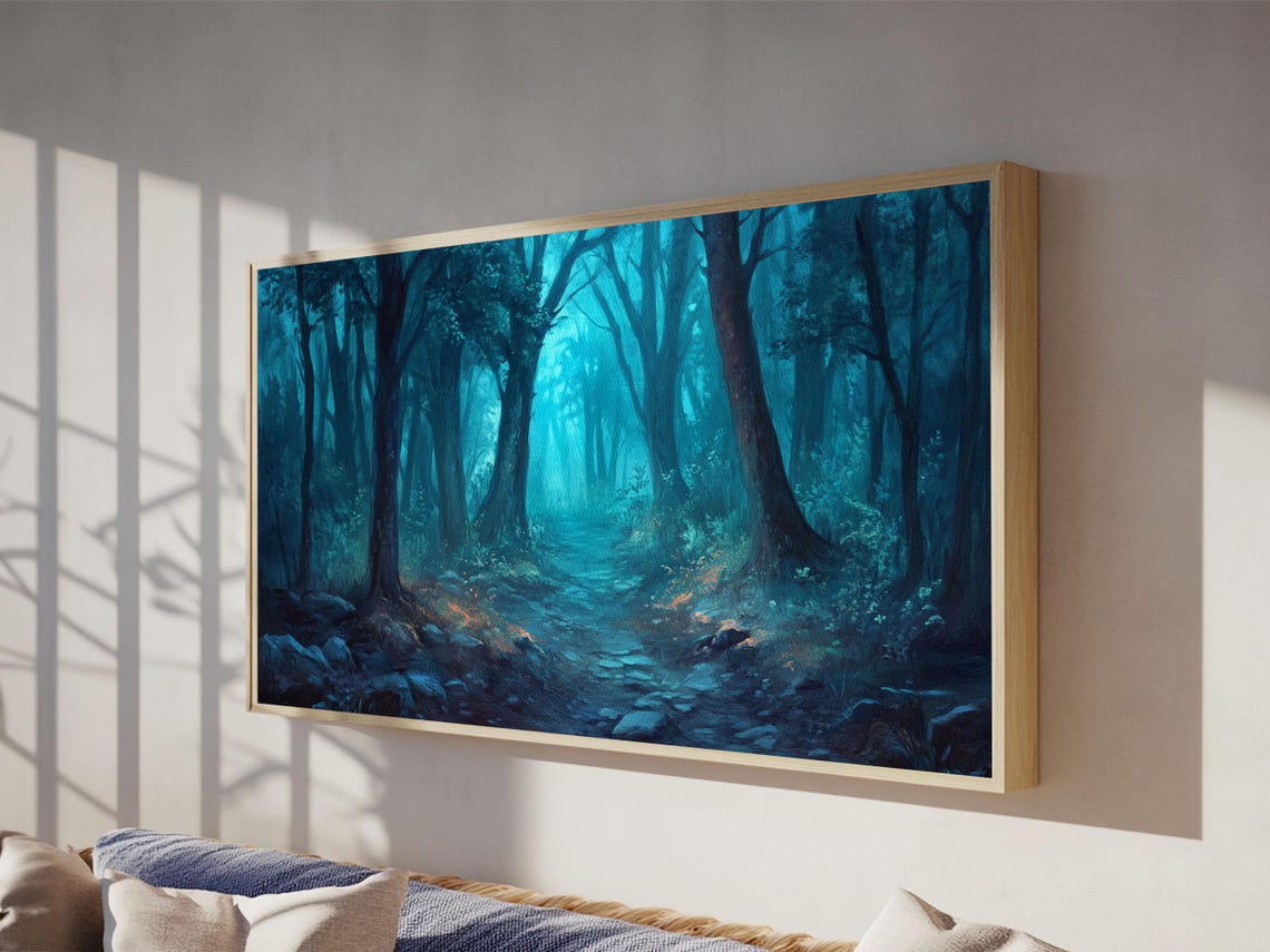 Dark Misty Forest Path Teal Fog Moody Woodland Painting Art Poster - Image 5