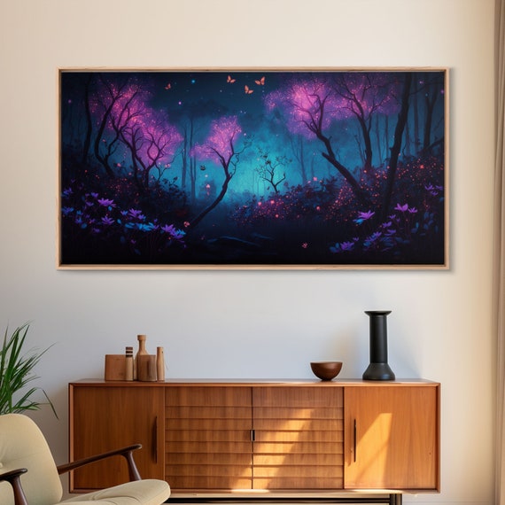 Beautiful Forest Print Fantasy Forest Wall Art Forest Painting Framed Art Glowing Butterflies