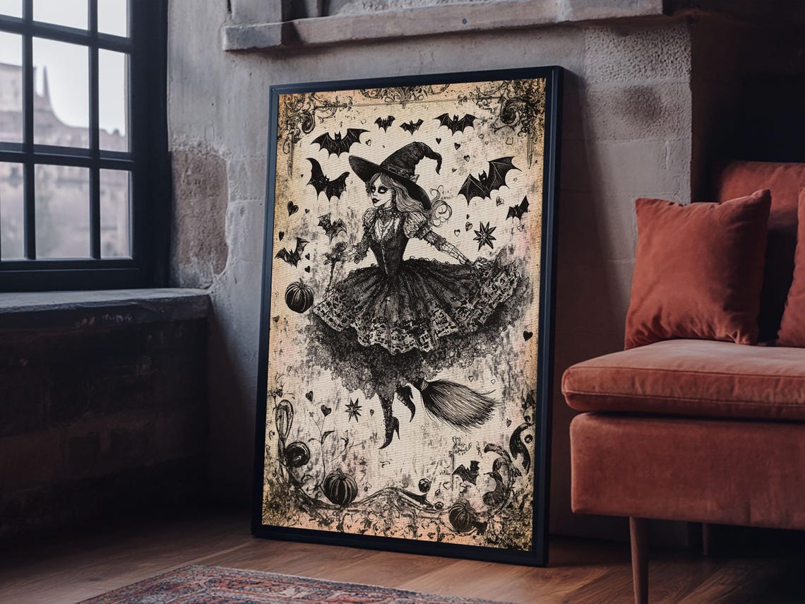 Vintage Witch With Bats Storybook Gothic Halloween Art Print - Image 6