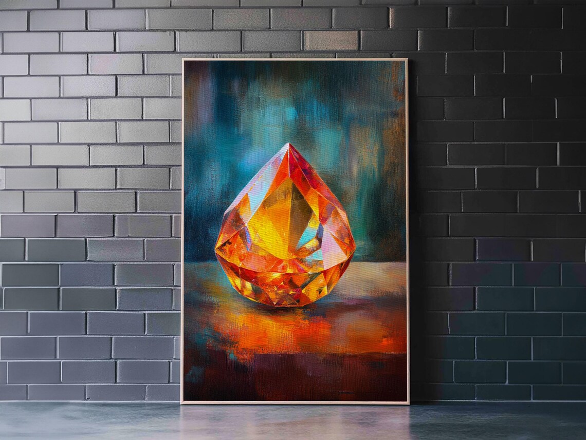 Red Gemstone Faceted Jewel Painting Teal Background Precious Stone Wall Art - Image 3
