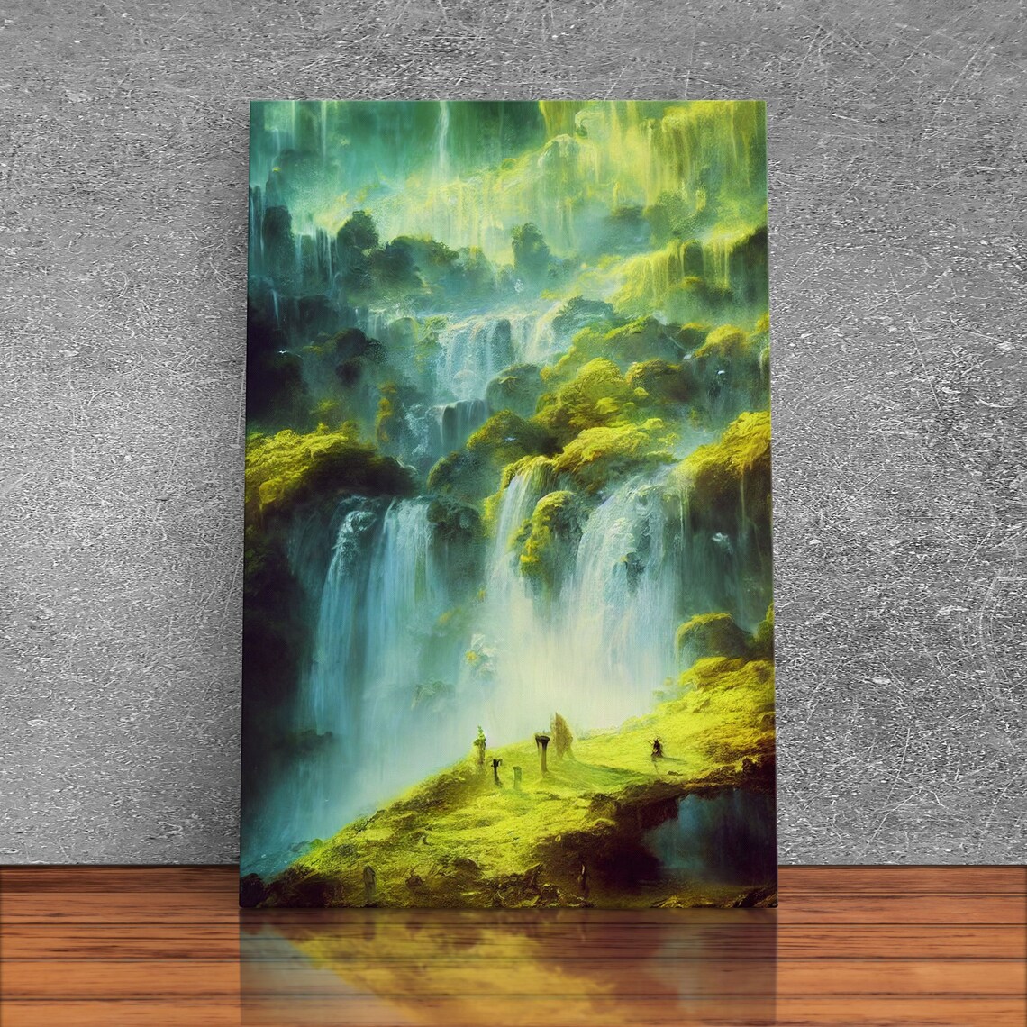 Fantasy Waterfall In Glowing Green Mossy Canyon Landscape Wall Art - Image 3