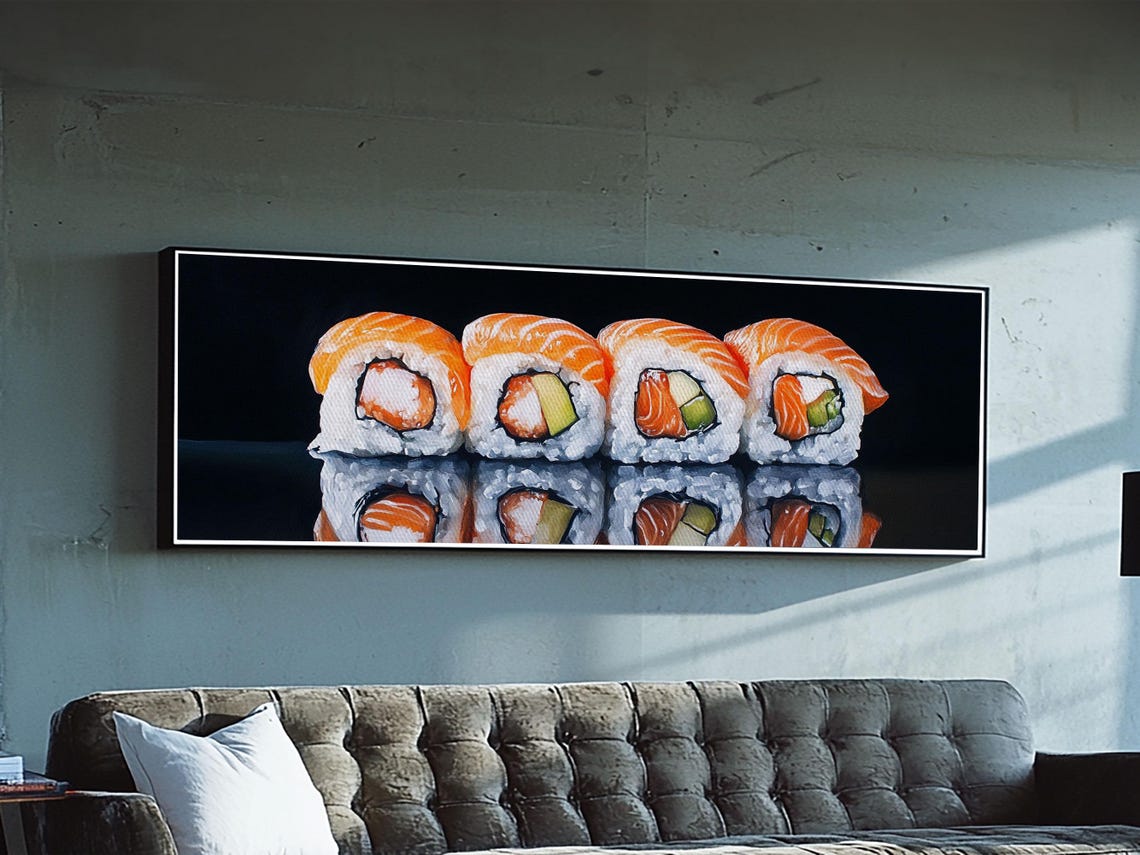 Salmon Sushi Rolls Row On Black Modern Kitchen Panoramic Art Poster - Image 5