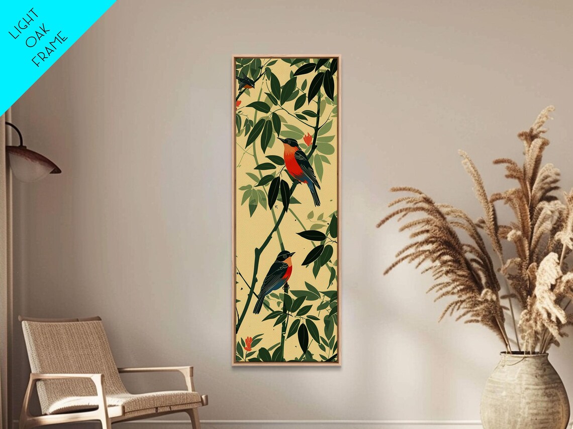 Pair Of Colorful Birds Dense Green Foliage Red Flower Art Print