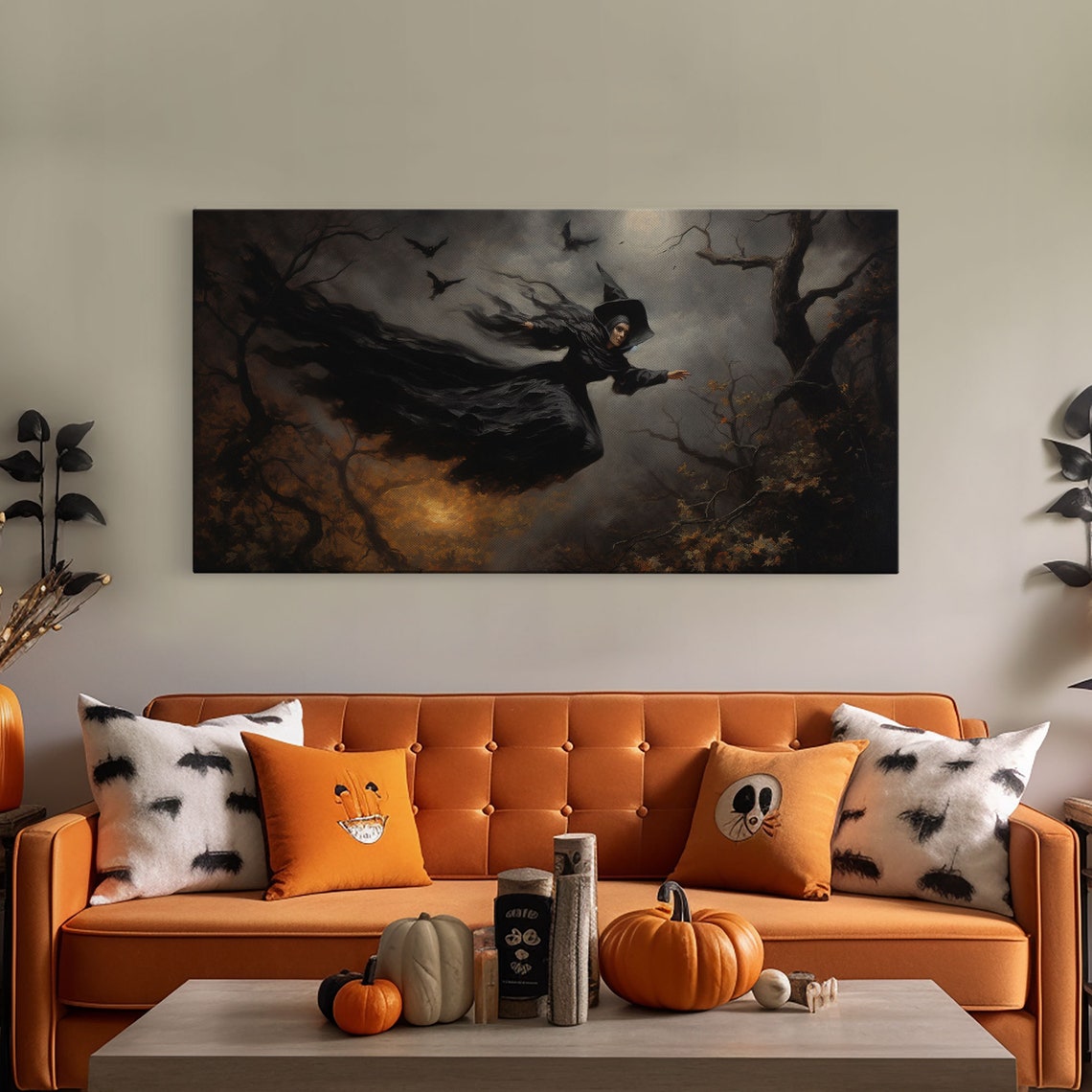 Witch Flying On Broom Over Misty Forest Full Moon Halloween Poster - Image 4