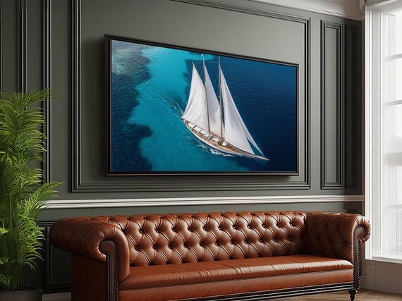 Tall Ship White Sails Turquoise Ocean Aerial Yacht Nautical Travel Poster