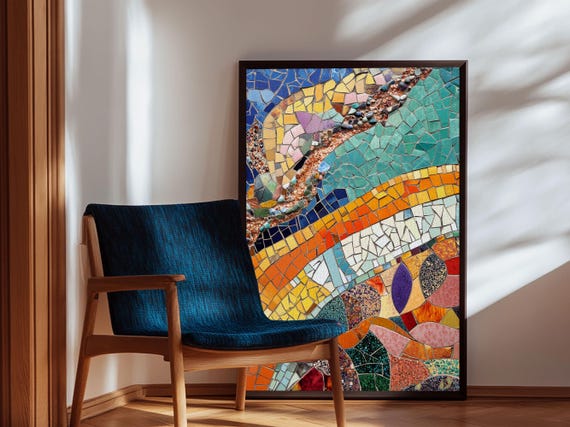 Vibrant Mosaic Curves Framed Print Moroccan Mosaic Wall Art Colorful Geometric Art Living Room Cottagecore Decor