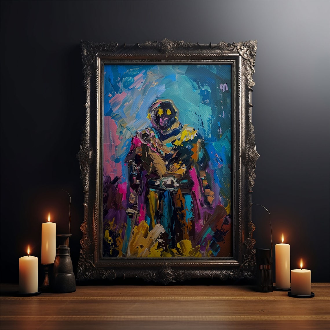 Abstract Skeleton Warrior Glowing Eyes Colorful Impasto Art Poster - Image 3