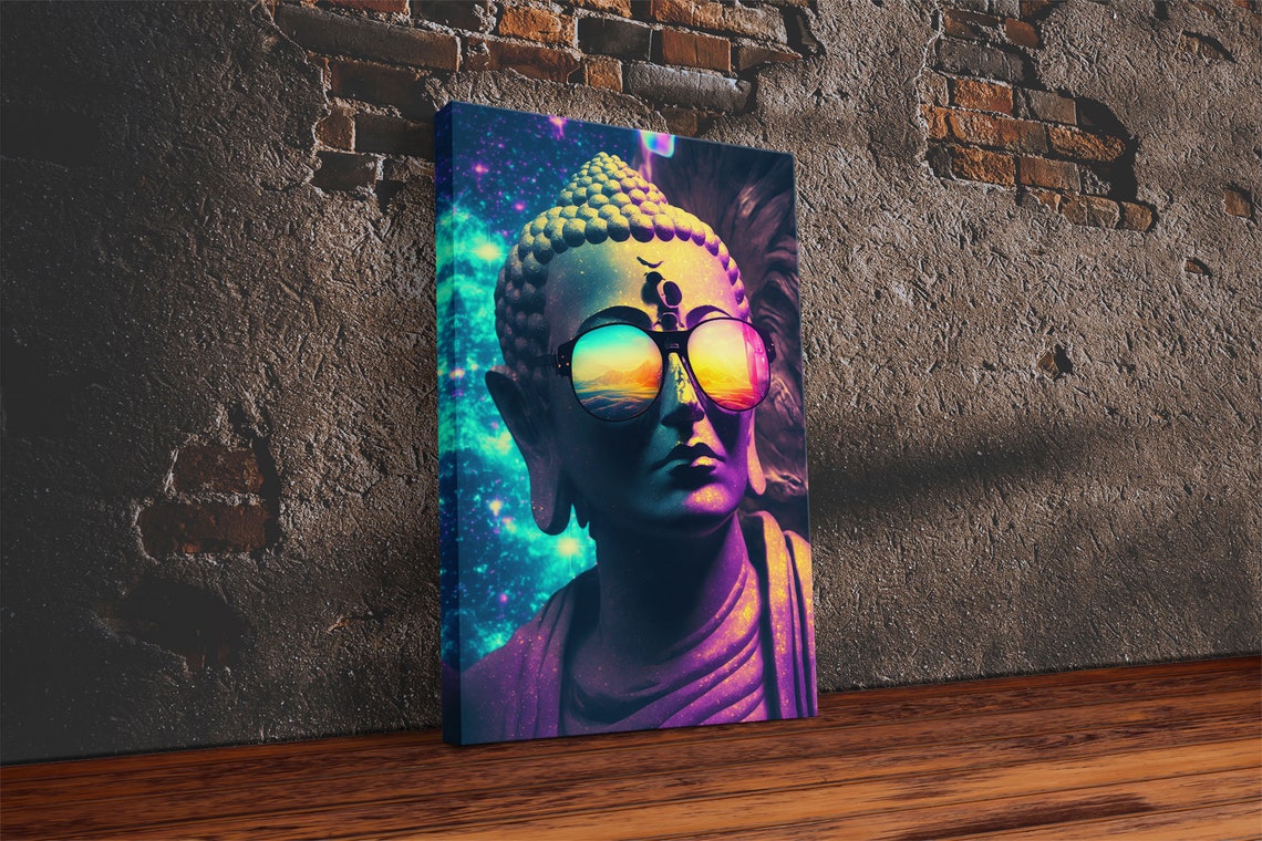 Open Your Mind Psychedelic Buddha Statue Wearing Aviators Sunglasses Meditation Art Framed Print Color Pop Art - Image 2