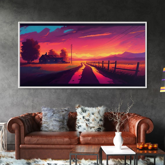 Synthwave Style Farmhouse Art Dirt Roads Country Roads Sunset Art Framed Wall Art Print Watercolor Wall Art Original Painting