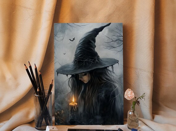 Gothic Witch Holding Candle Dark Academia Halloween Art Print