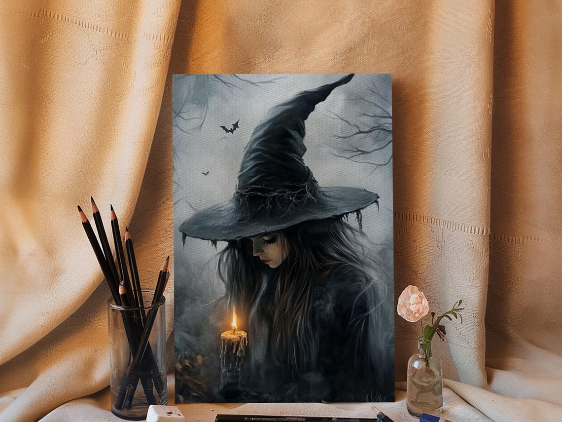 Gothic Witch Holding Candle Dark Academia Halloween Art Print