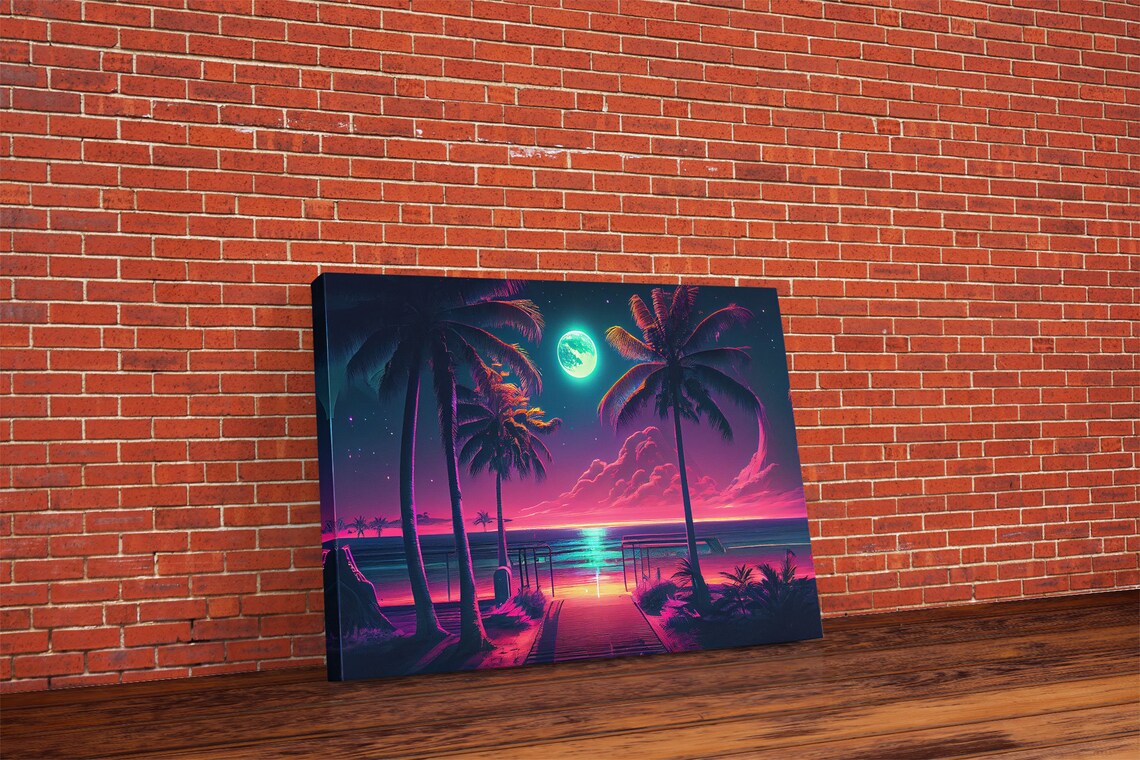Outrun Style Full Moon Beach, Synthwave Art Print - Image 5